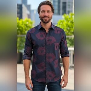 Perry Ellis Dark Navy and Burgundy Floral Shirt Size Large